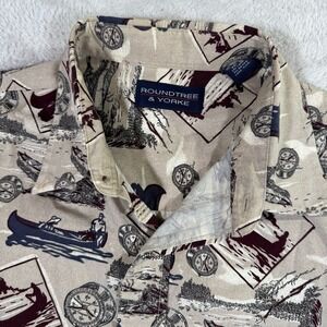 VTG Roundtree & Yorke Button Up Shirt Mens Large Tan Allover Printed Long Sleeve